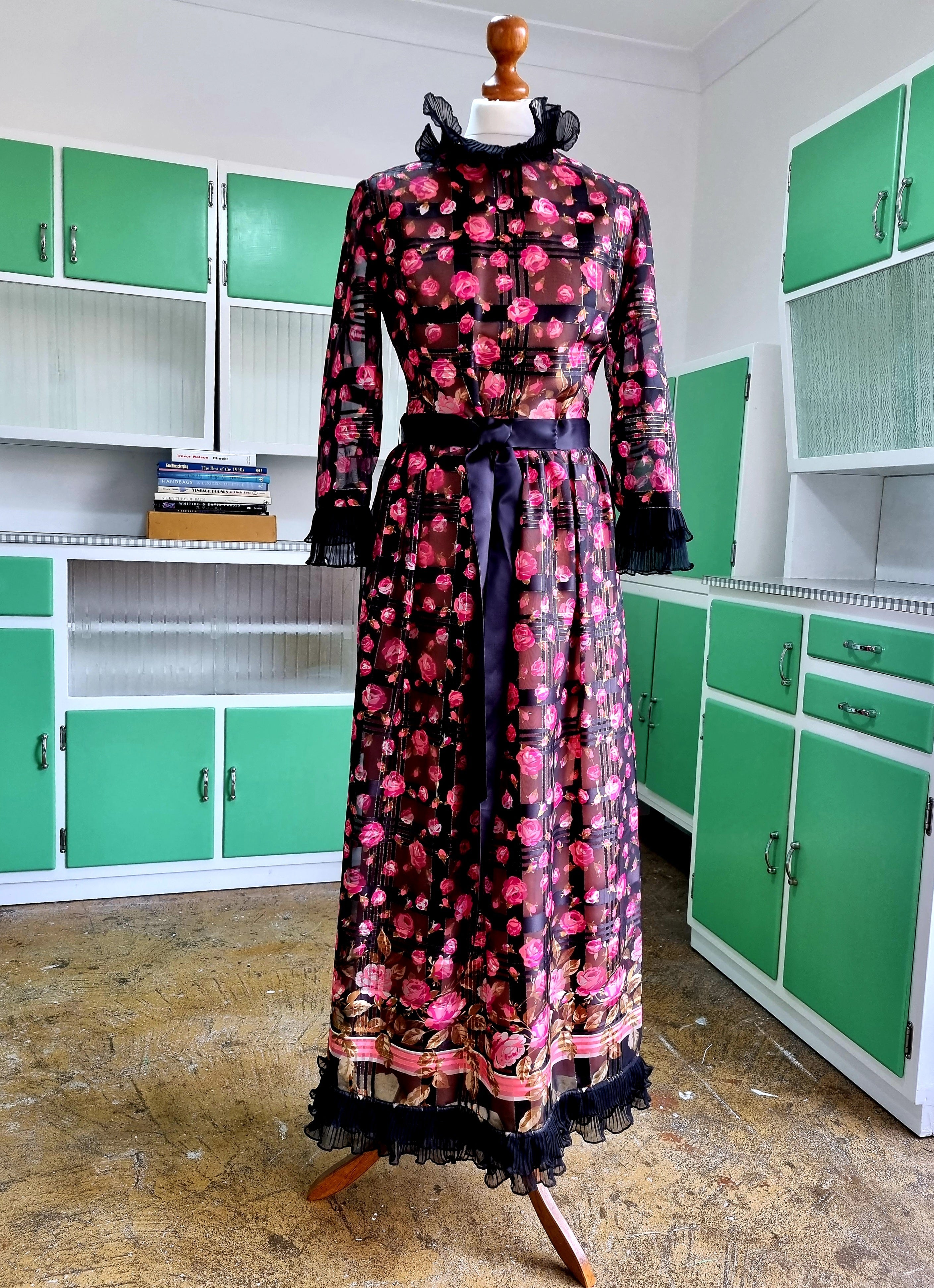 80s Pink and Black Marcel Fenez by Roland Klein Vintage Maxi Dress UK12 16