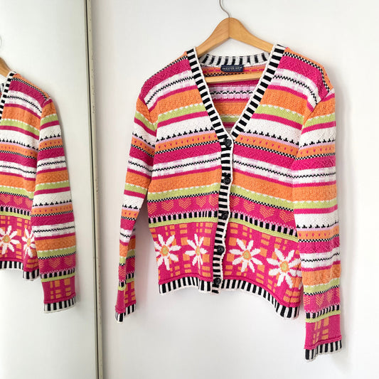 Vintage The Sweater Shop Pink, Orange and White Striped Bold Floral Statement Cardigan