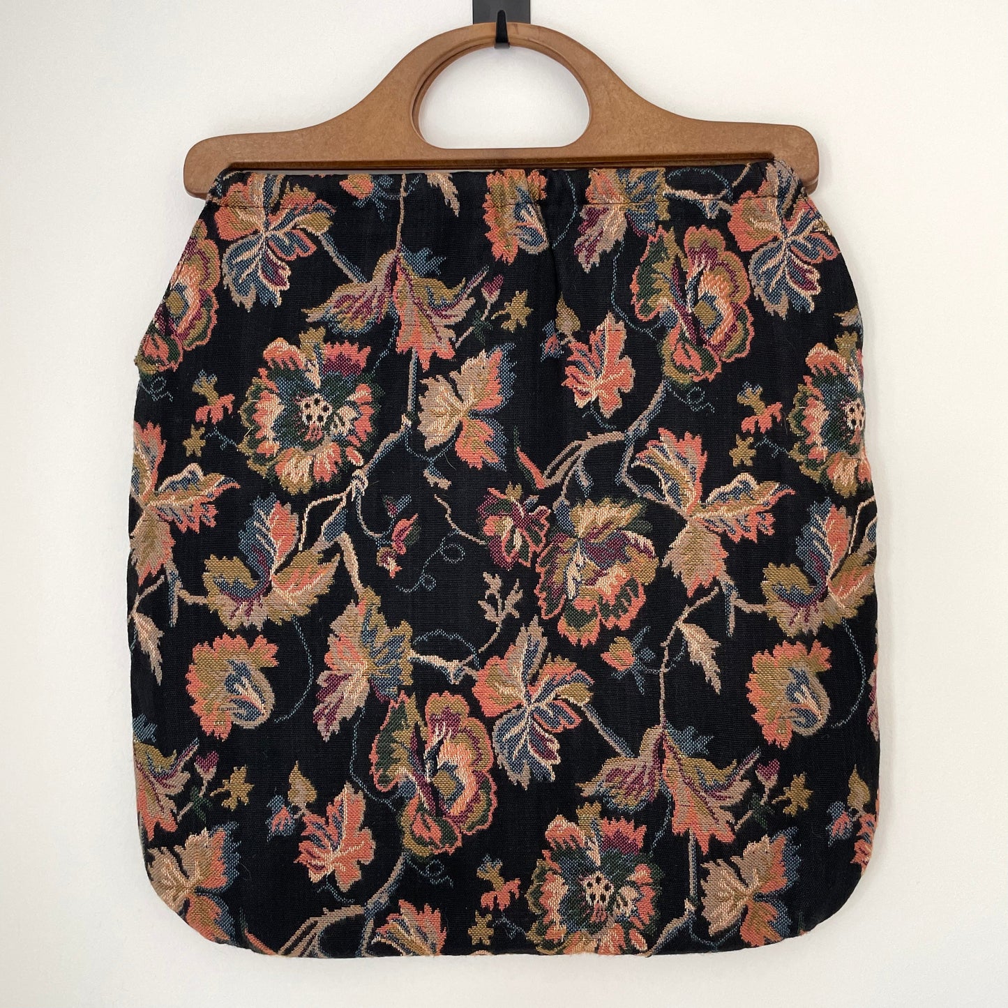 Black Patterned Handmade Tapestry with Plastic Handles Vintage Bag