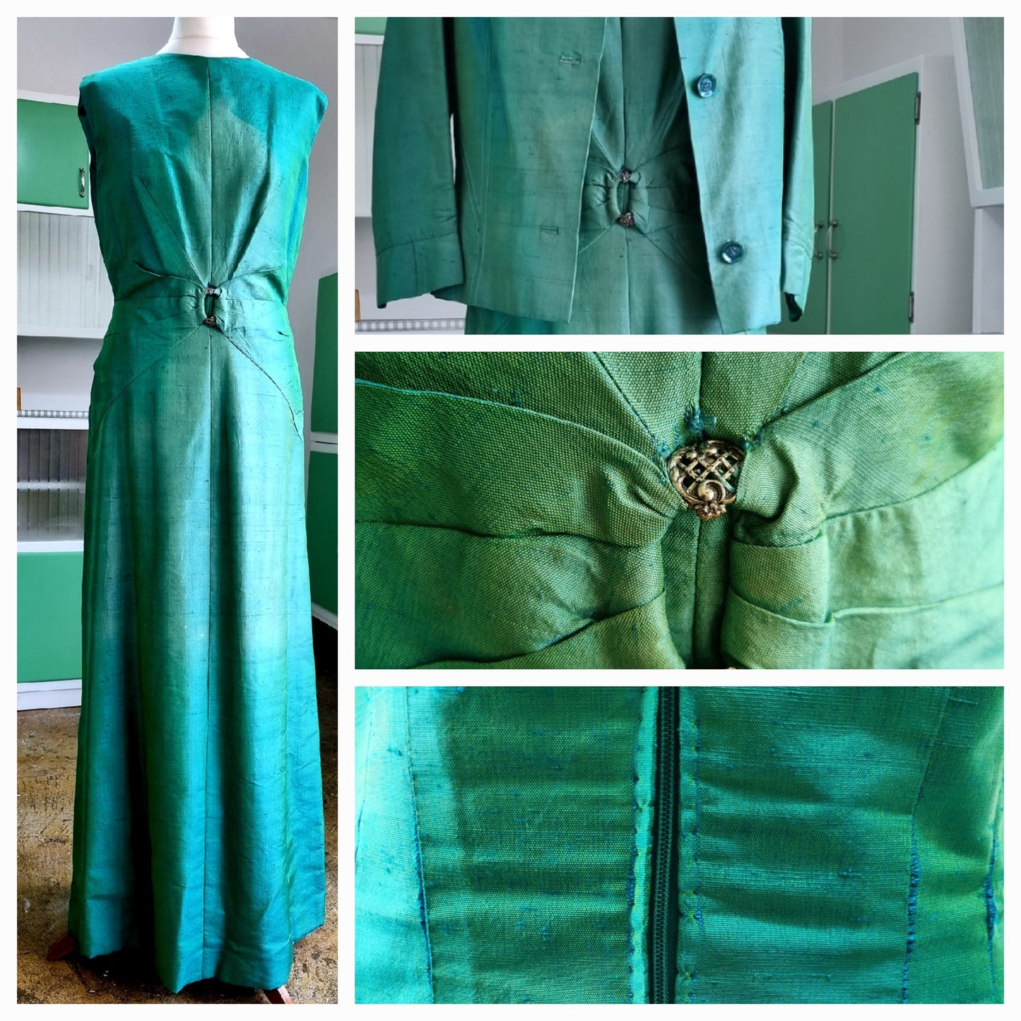 Handmade Iridescent Blue-Green High Neck Sleeveless Vintage Dress and Jacket (UK12-16)