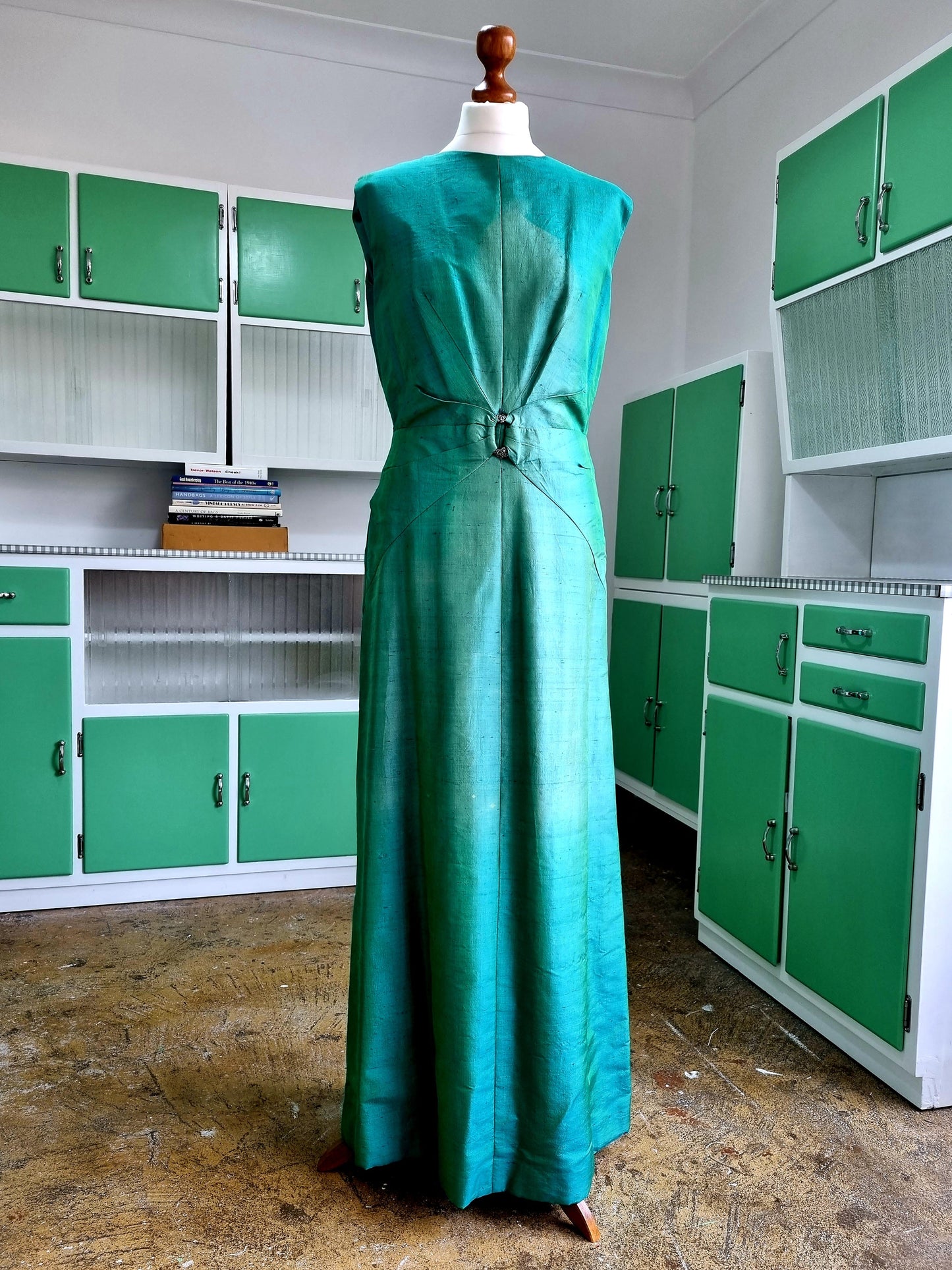 Handmade Iridescent Blue-Green High Neck Sleeveless Vintage Dress and Jacket (UK12-16)