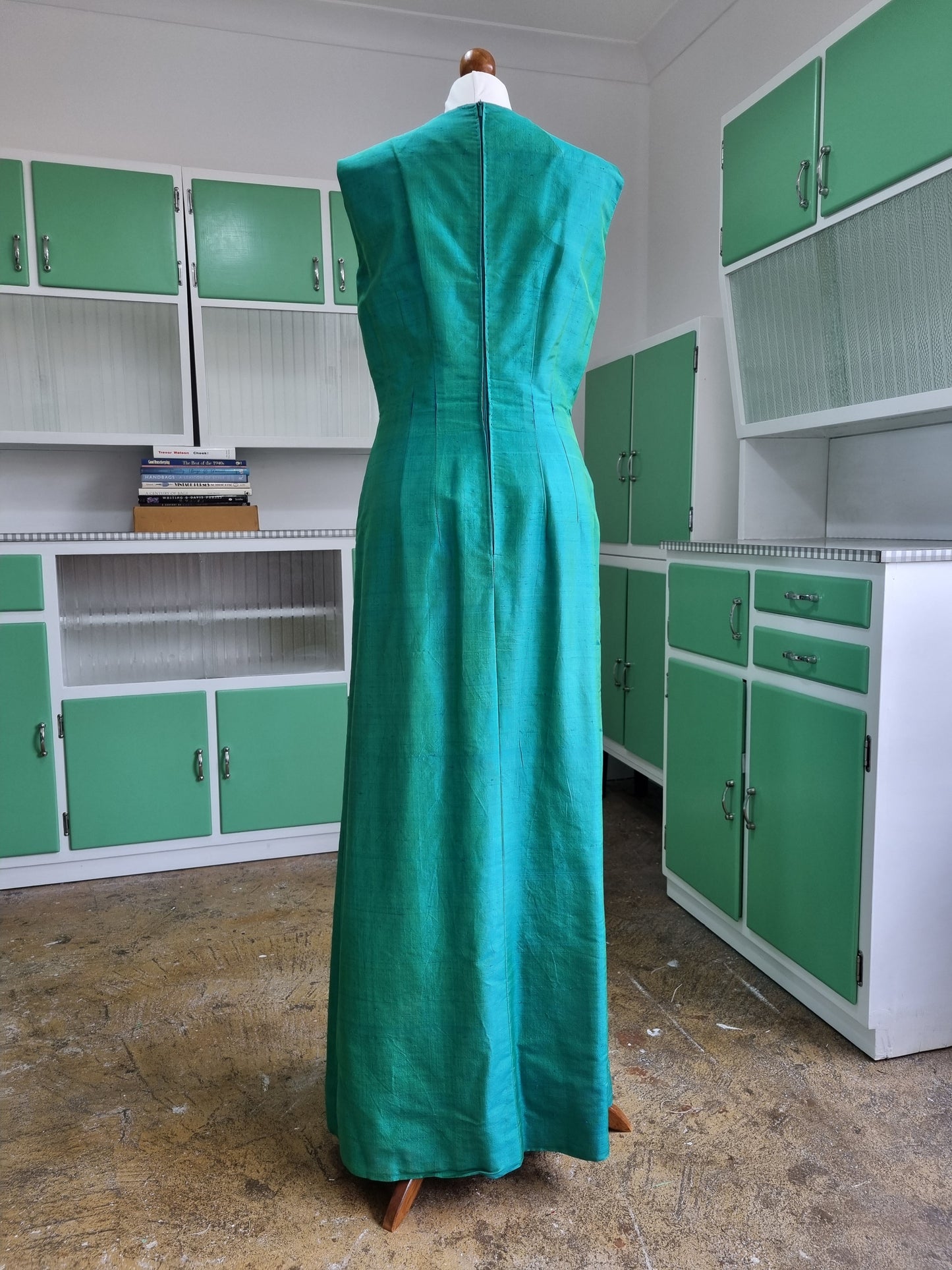 Handmade Iridescent Blue-Green High Neck Sleeveless Vintage Dress and Jacket (UK12-16)