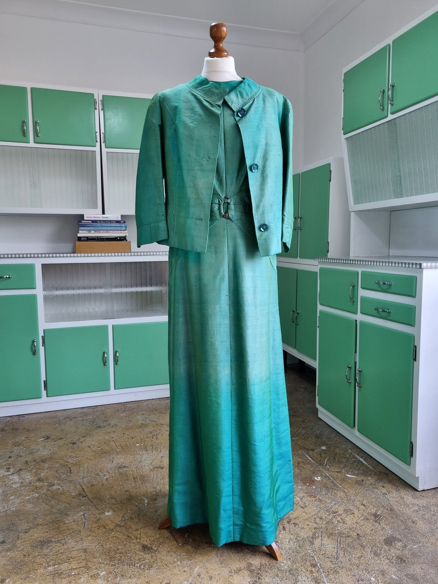 Handmade Iridescent Blue-Green High Neck Sleeveless Vintage Dress and Jacket (UK12-16)