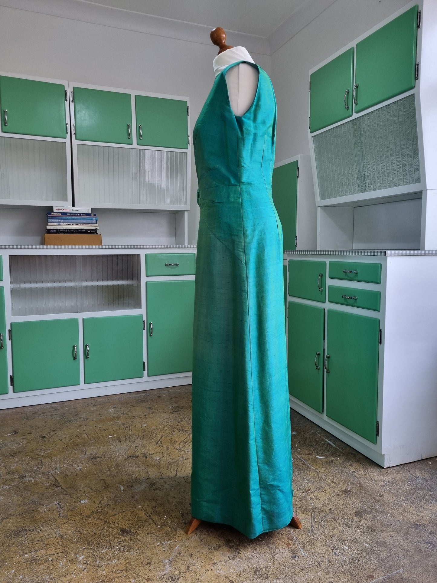 Handmade Iridescent Blue-Green High Neck Sleeveless Vintage Dress and Jacket (UK12-16)