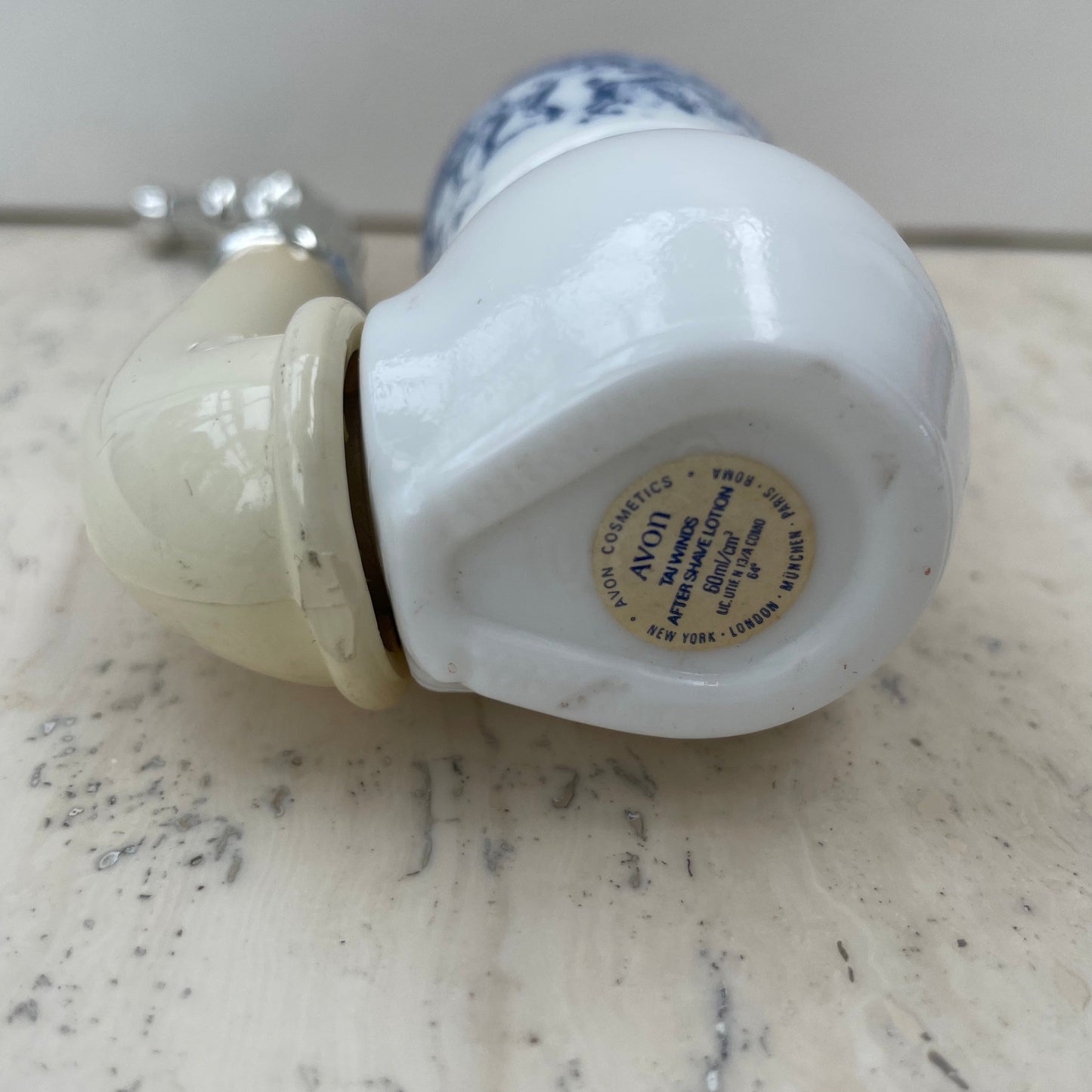 Vintage Avon 1970s Dutch Pipe Tai Winds Aftershave Lotion 60ml Bottle. Milk Glass. Blue and White.