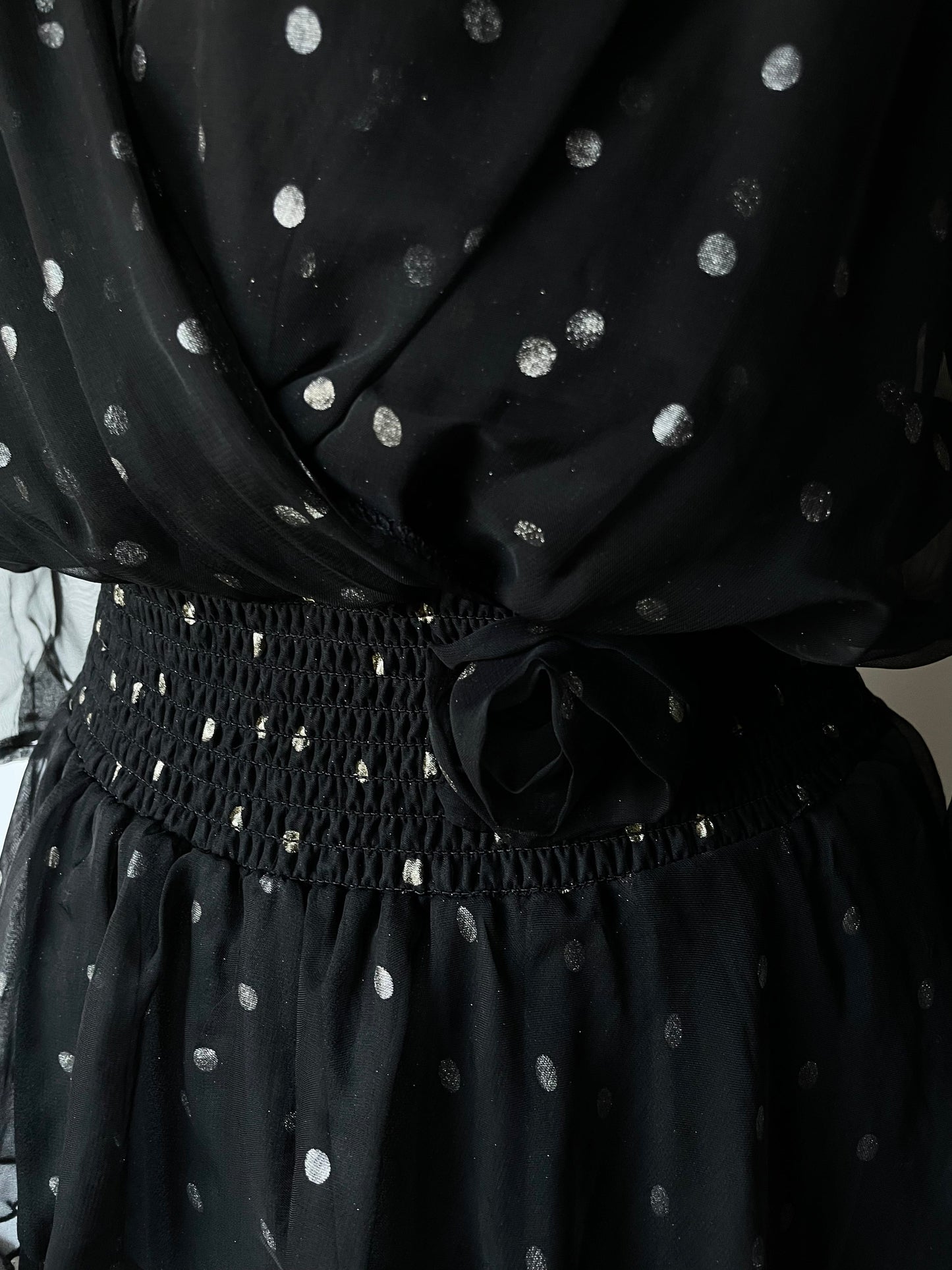 Vintage C&A Black and Silver Ruffle Sheer Evening Long Sleeve Dress