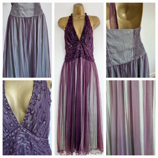 Blank London Purple Accent Beaded Tie Halterneck Evening Vintage Dress (UK10-12)