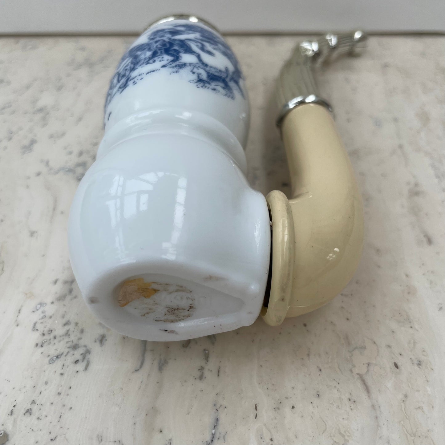 Vintage Avon 1970s Dutch Pipe Tai Winds Aftershave Lotion 60ml Bottle.Milk Glass. Blue and White. Empty.