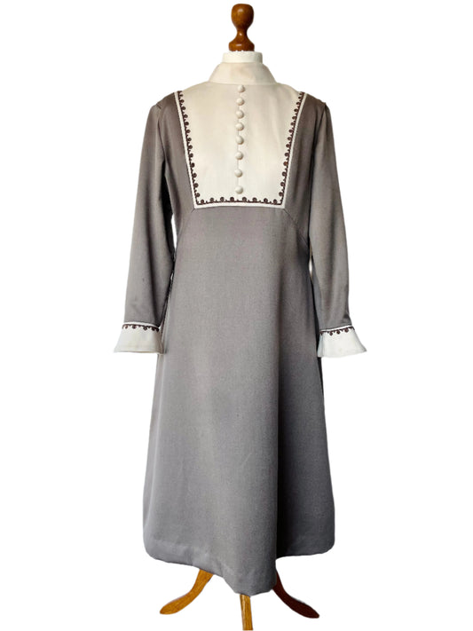 Vintage Petite Francaise Grey Green Bell Sleeve Dress