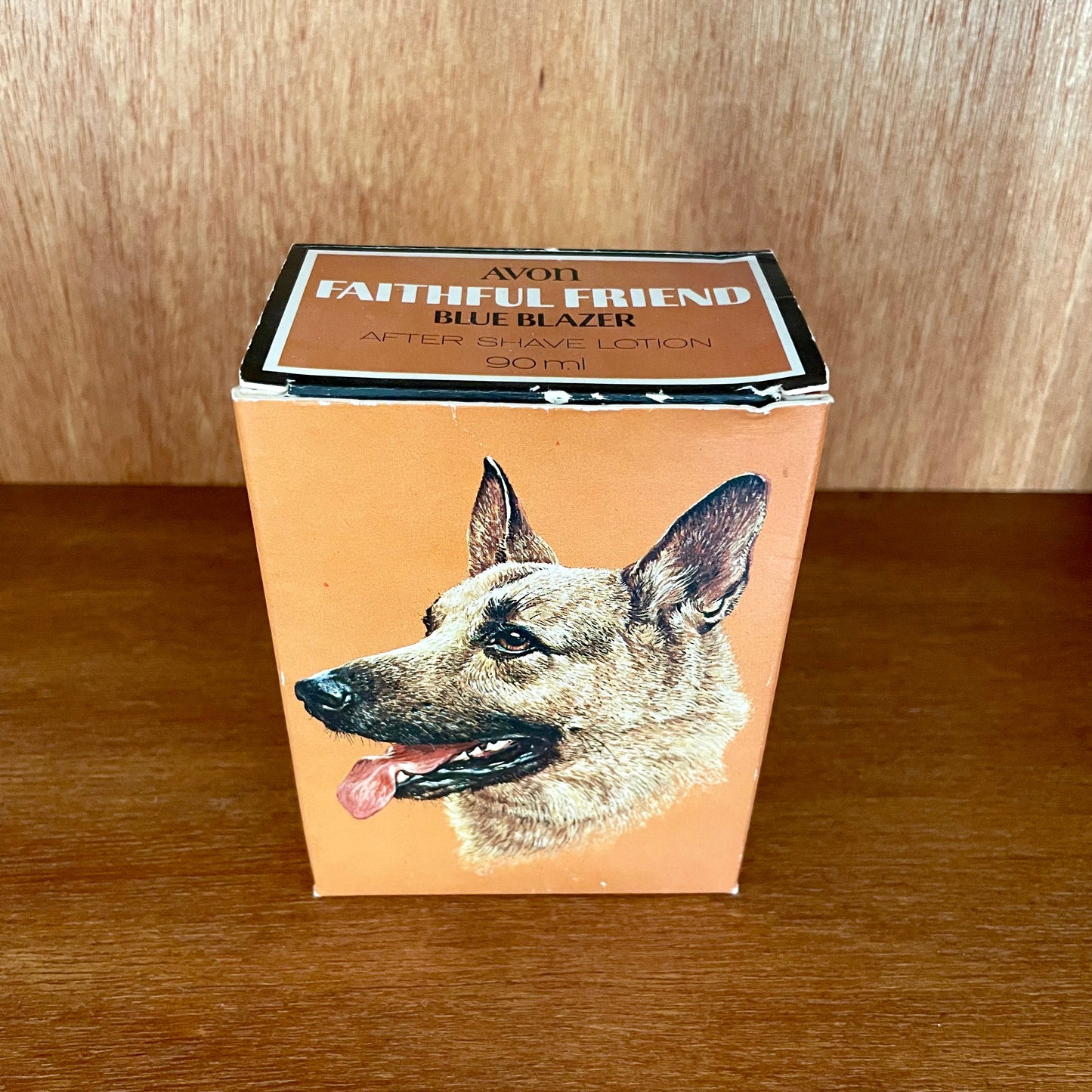Vintage Rare Men's Full Avon German Shepard Alsatian Faithful Friend Blue Blazer Dog Aftershave Lotion 90ml in Original Box and Packaging.