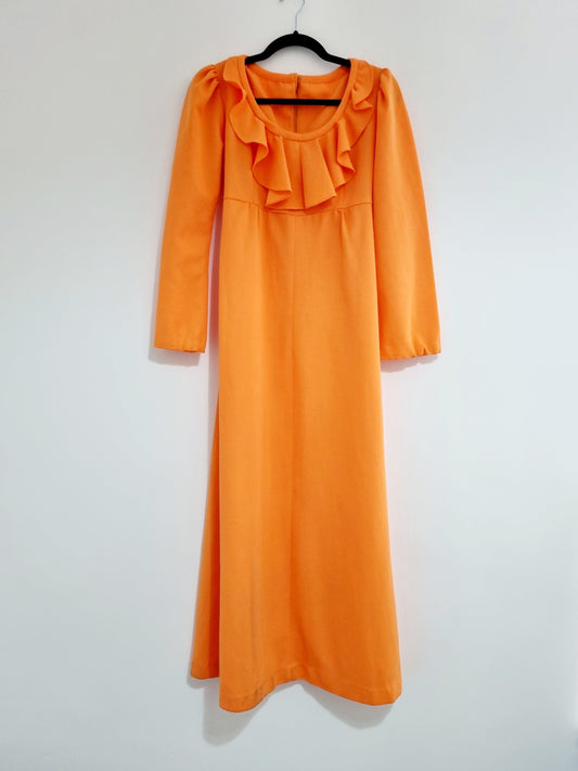 Handmade Vintage Orange Frill Neck Maxi Smock Dress UK 12 - Vintage Appreciation Society
