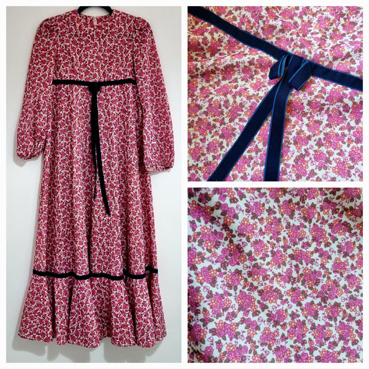 Handmade Vintage Pink Flower Pattern Prairie Dress with Ribbon Detailing (UK6-8)