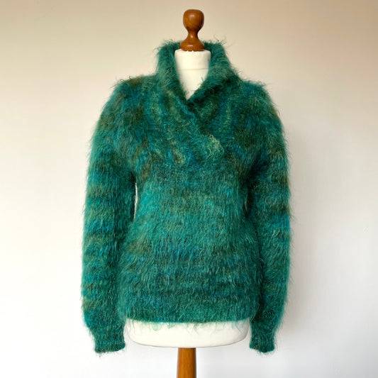 Vintage Jaegar All Wool Fluffy Jumper in Blue and Green