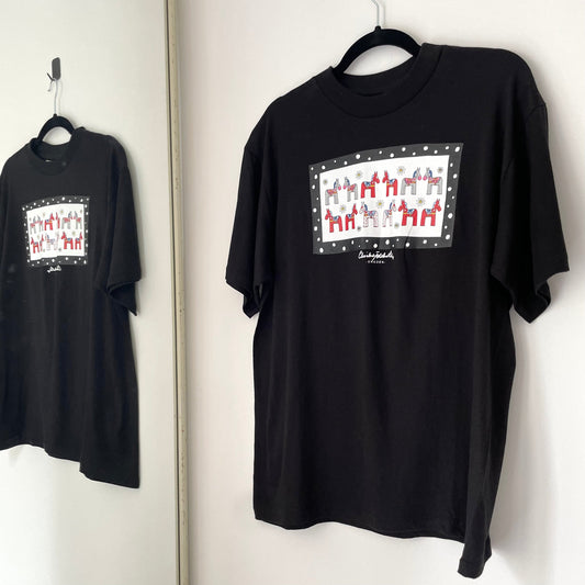 Large Vintage Sweden Dala Horse Black Panelled TShirt Unisex