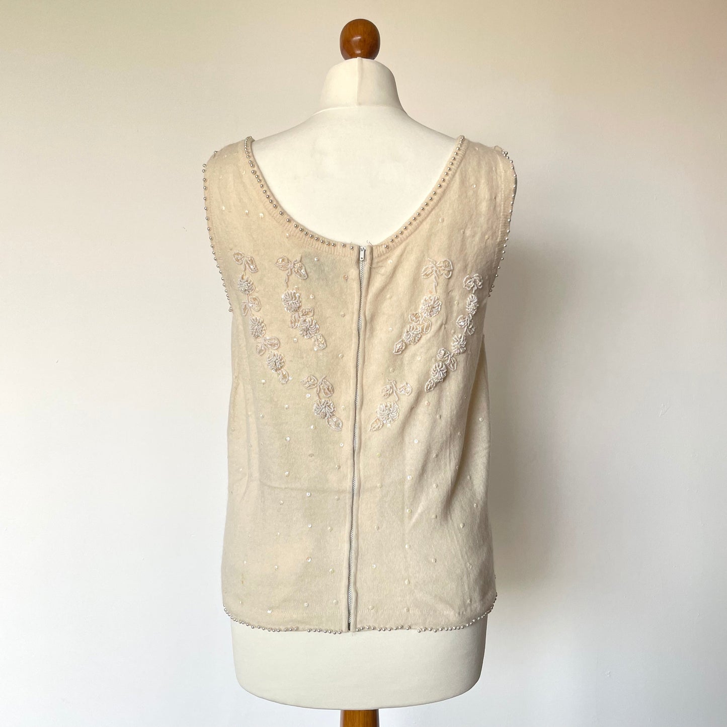 Vintage Cream Knitted Tank Top with Beaded Detailing. Especially Made for Fermus.
