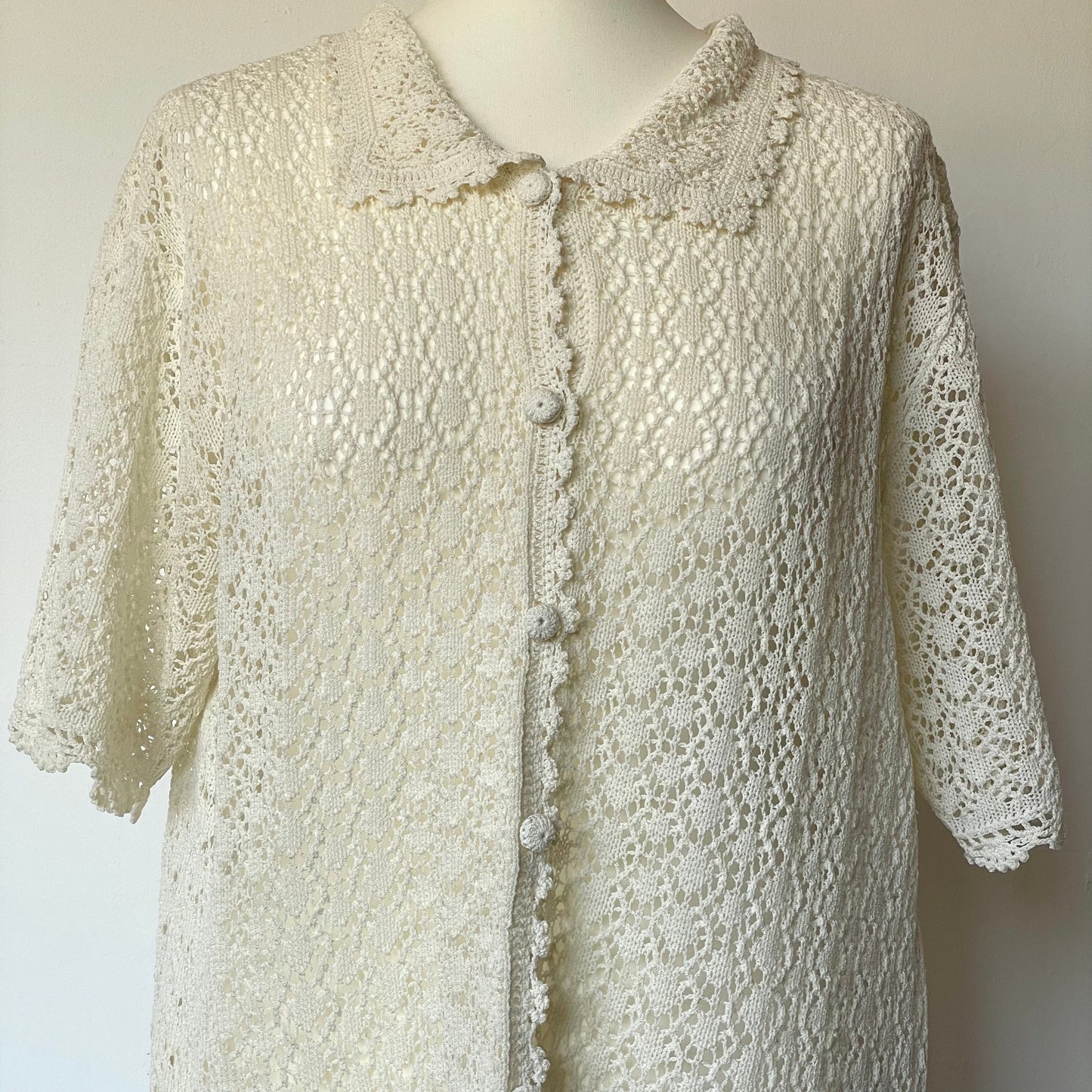 Vintage Hand Crocheted Cream Summer Short Sleeve Cardigan with Collar.