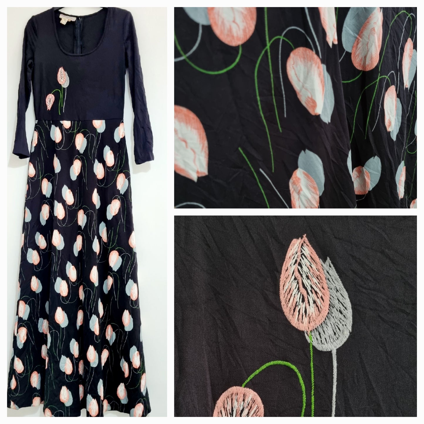 Gigi Vintage Black and Pink Tulip Design Maxi Dress (UK10-12)