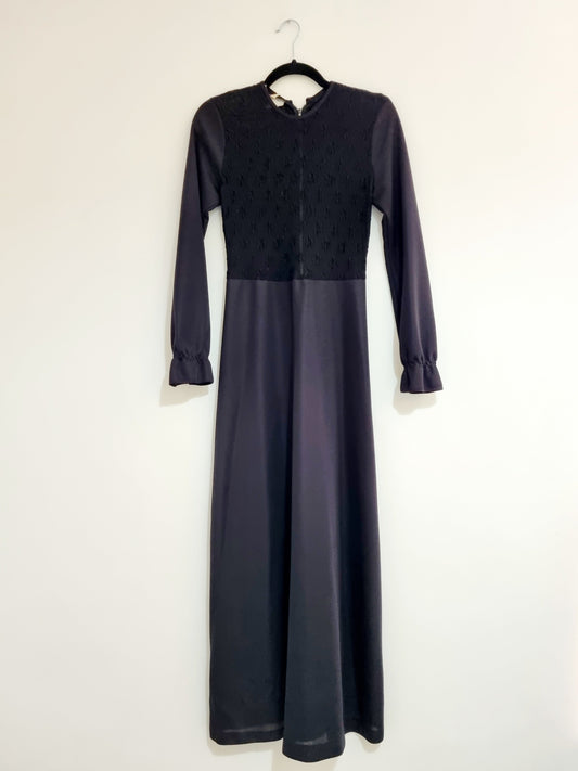 Handmade Black Sheer Floral Lace Flounce Maxi Evening Vintage Dress UK 12 - Vintage Appreciation Society