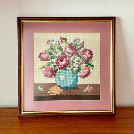 Vintage Floral Roses in a Vase Handmade Needlepoint Artwork
