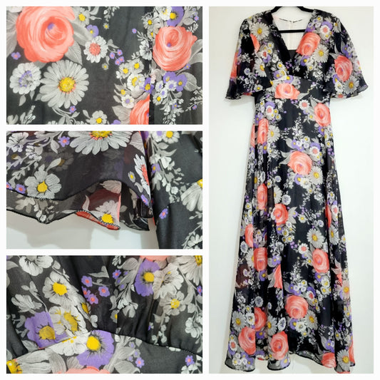 Vintage V-Neck Charcoal Maxi Vintage Dress with Bold Floral Design (UK16-18)