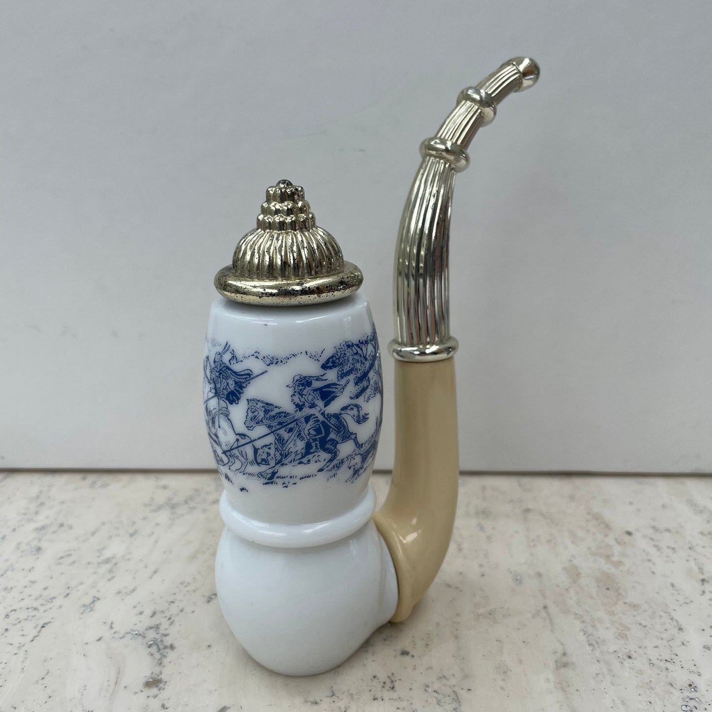 Vintage Avon 1970s Dutch Pipe Tai Winds Aftershave Lotion 60ml Bottle.Milk Glass. Blue and White. Empty.