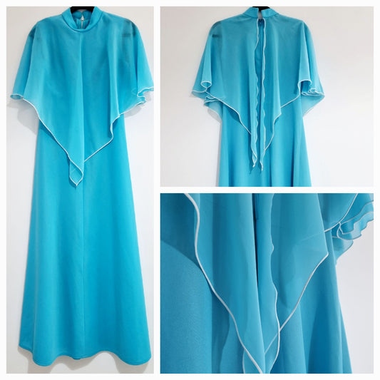 Vintage Azure Blue Mermaid High Neck Cape Dress (UK16-18)