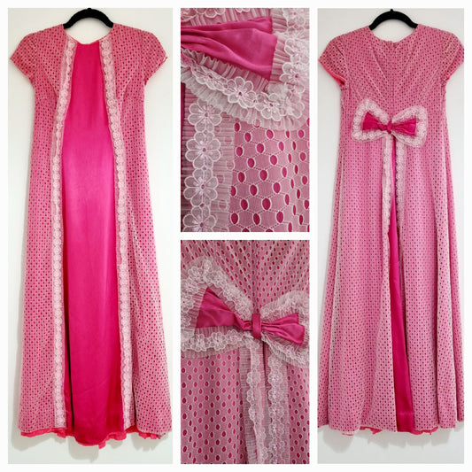 Vintage 60s Hot Pink Bow with Mesh Overlay Mid-size Dress (MEDIUM)