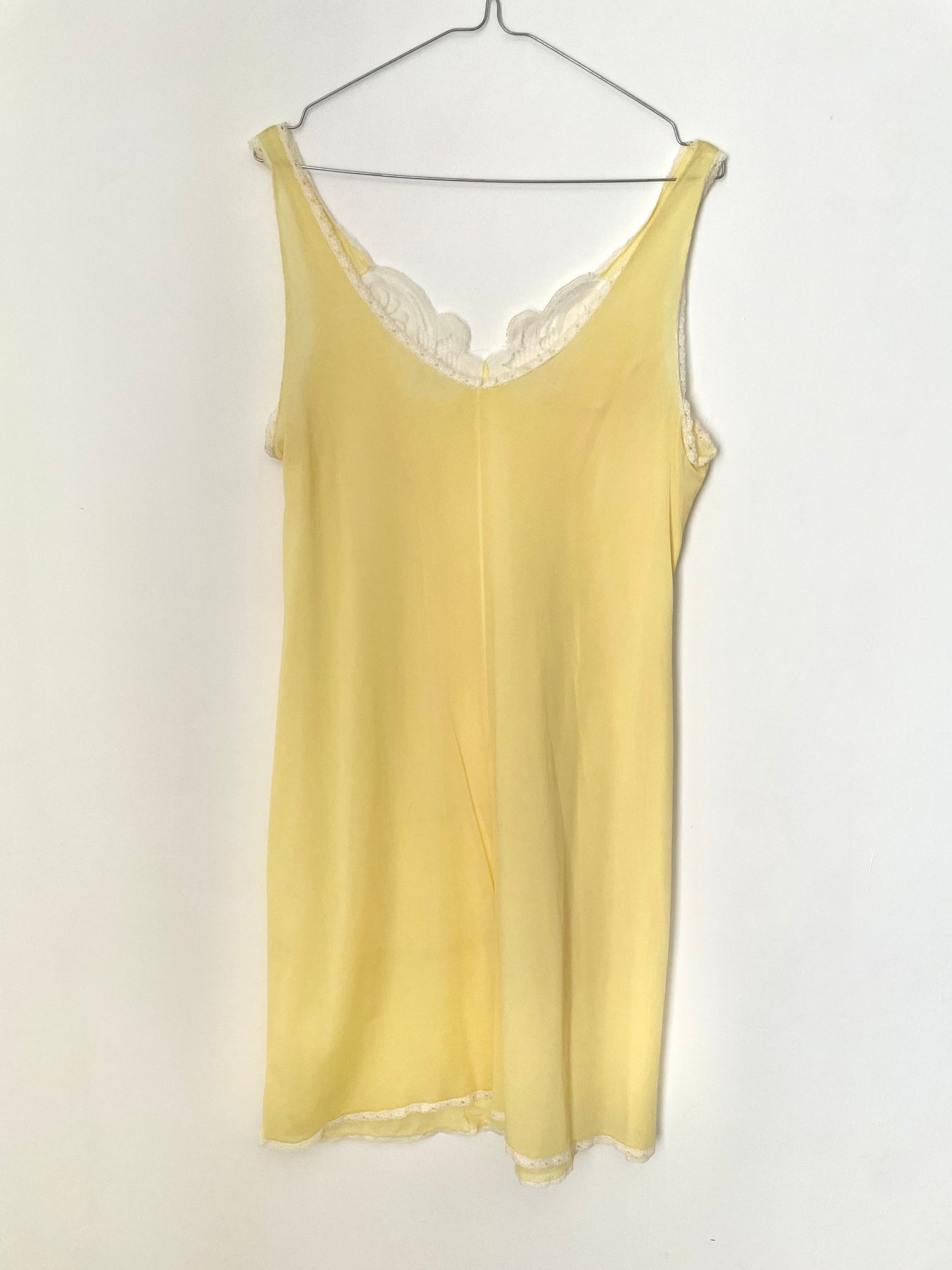 Vintage Yellow Slip Dress with White Contrast Lace Elegance