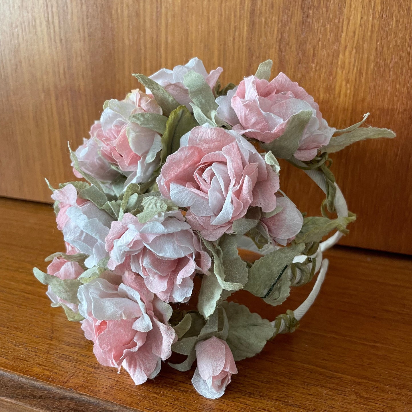 Four Vintage Pink Rose Bridesmaids Headbands Headpieces. Wired Faux Pink Roses with Green Foliage.
