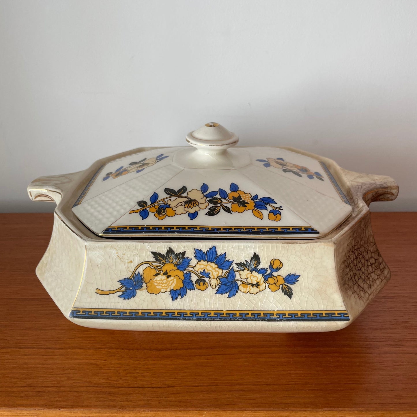 Vintage Royal Venton Ware John Steventon & Sons Serving Dish with Lid. Yellow, Blue and White Floral Pattern.