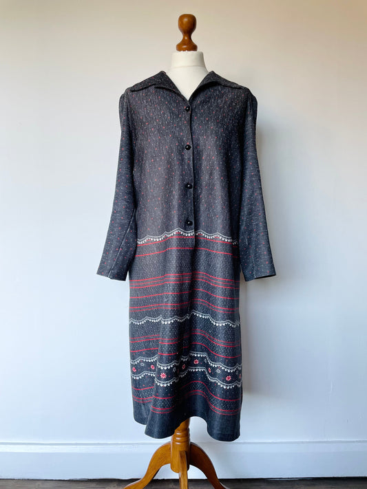 Vintage Grey and Red Patterned Button Up Long Sleeve Dress