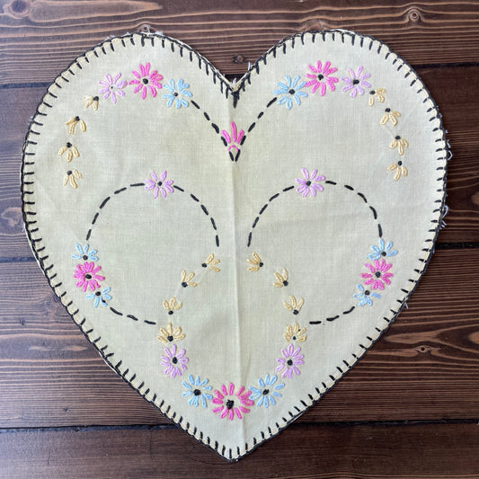 Vintage Pastel Yellow Heart Floral Hand Embroidered Place Mat