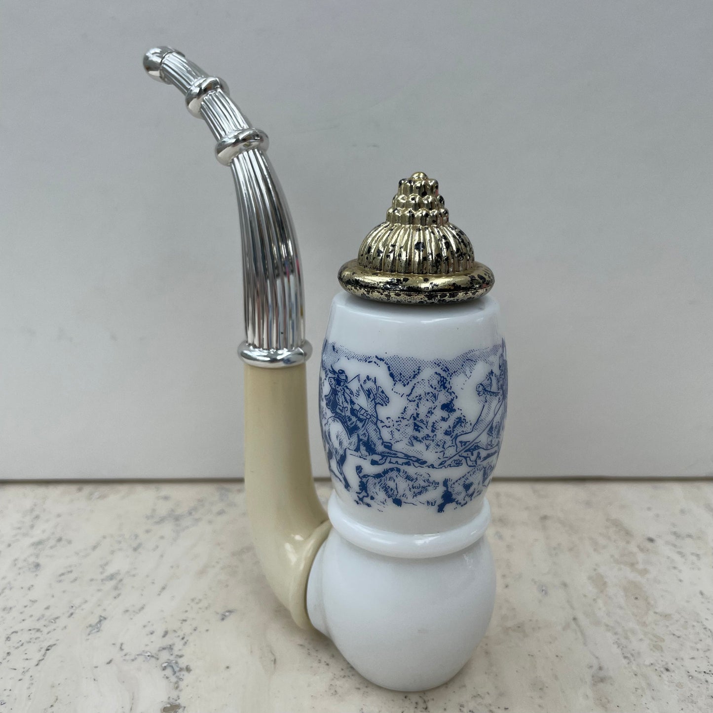 Vintage Avon 1970s Dutch Pipe Tai Winds Aftershave Lotion 60ml Bottle. Milk Glass. Blue and White.