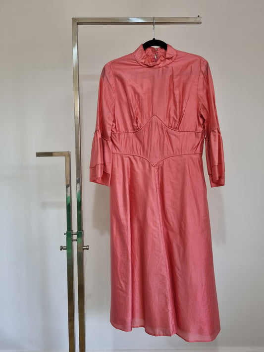 Handmade Vintage High Neck Carnation Pink Flounce Sleeve Midi Dress (SMALL) - Vintage Appreciation Society
