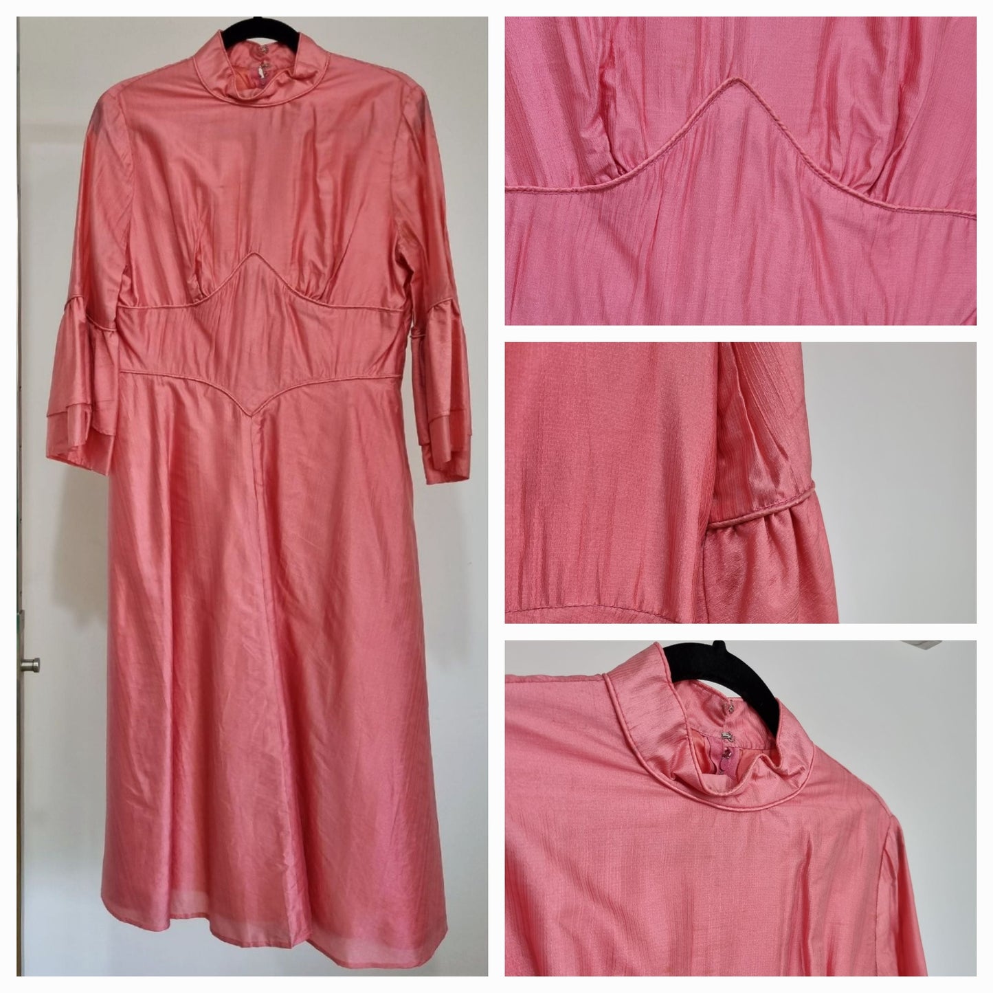 Handmade Vintage High Neck Carnation Pink Flounce Sleeve Midi Dress (SMALL)