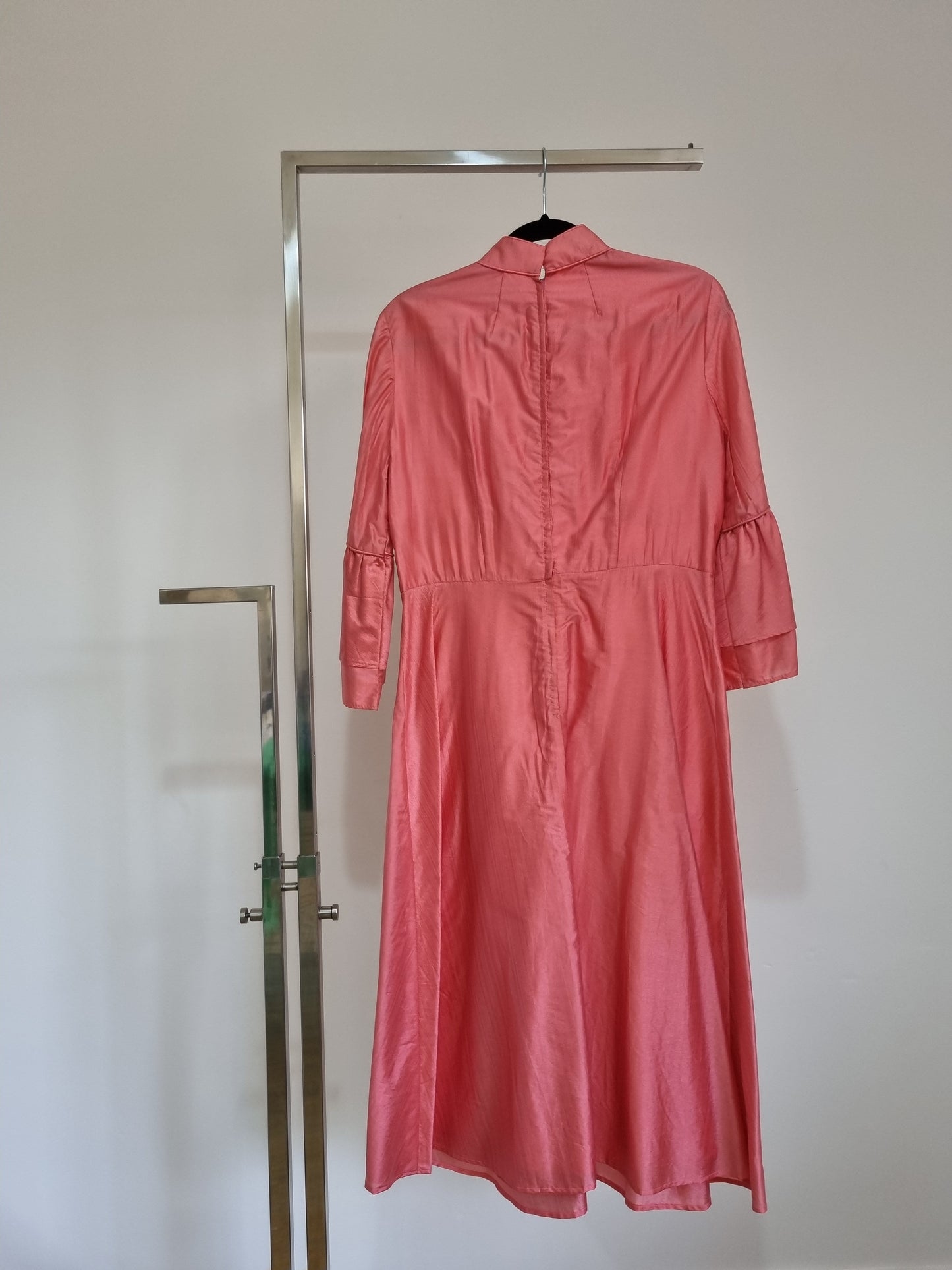 Handmade Vintage High Neck Carnation Pink Flounce Sleeve Midi Dress (SMALL)