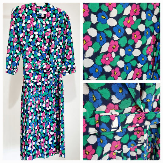 Vintage Berketex Loud Flower Print Pleated V-Neck Drop Waist Midi Dress (SMALL)