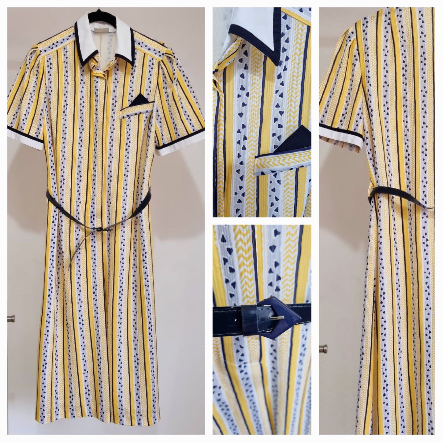 AS Adler Sovereign Contrast White and Yellow Striped Shirt Vintage Dress (UK12-14)