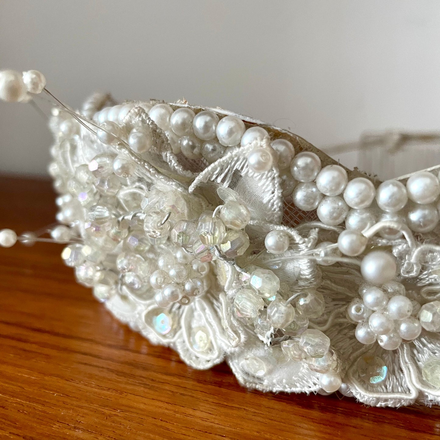 Vintage White Lace and Beaded Mesh Floral Bridal Tiara
