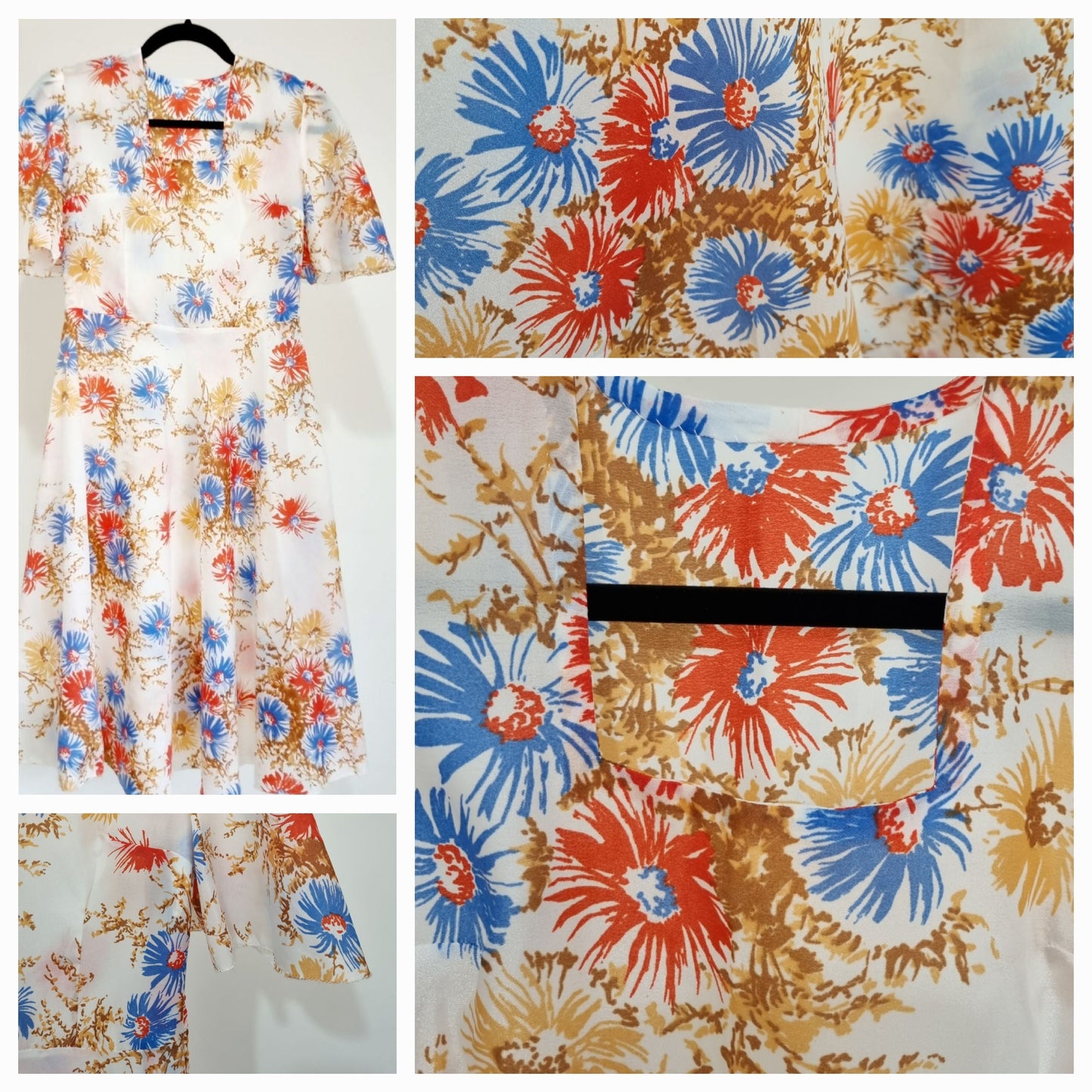 Handmade Vintage White Dress with Blue & Red Floral Pattern (UK6-8)