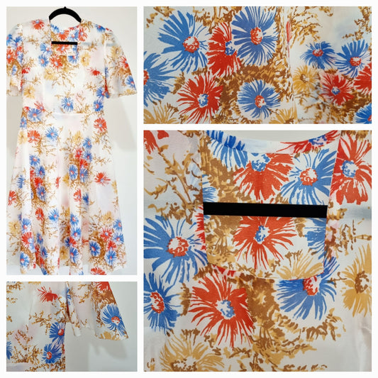 Handmade Vintage White Dress with Blue & Red Floral Pattern (UK6-8)