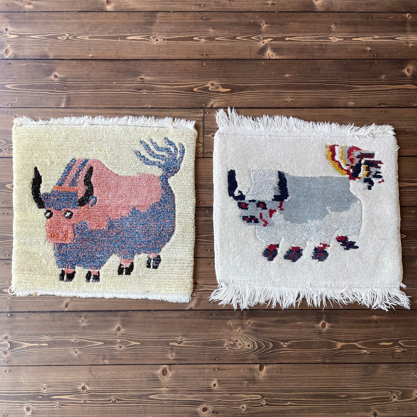 Bath Mat 1960s Bull Blue, Multicoloured and Cream Square Fringed Wool Bath Mats. Rug, Tapestry