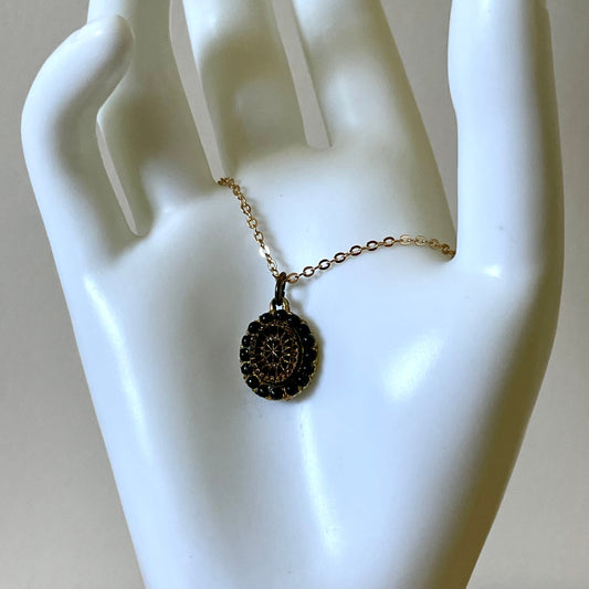 Necklace Vintage Black and Gold Tone Statement Round Pendant Necklace. With Gold Plated Chain.