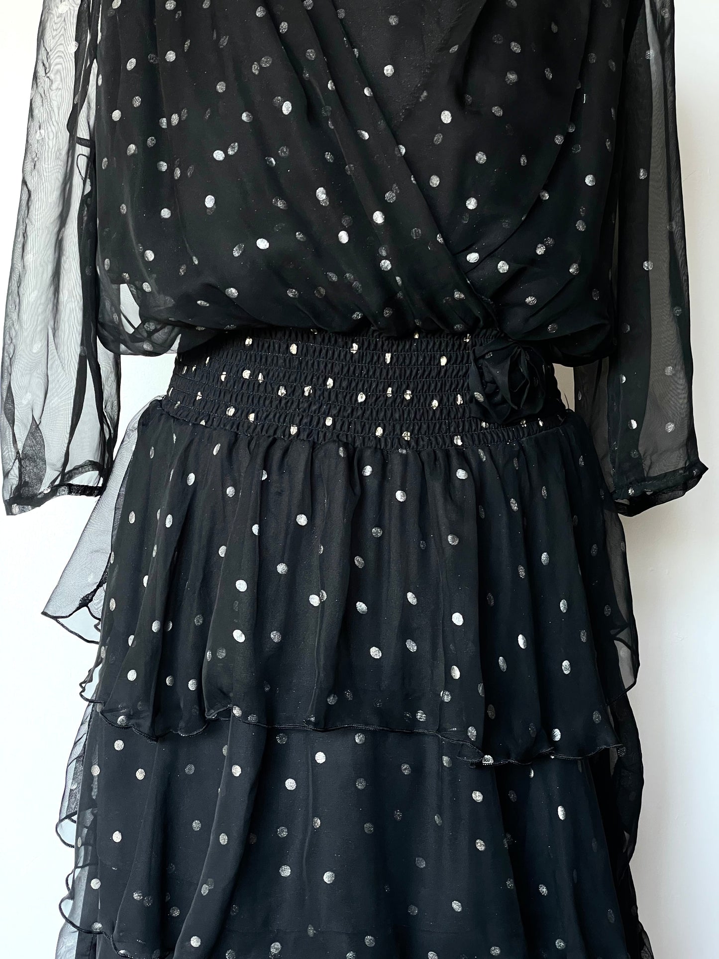 Vintage C&A Black and Silver Ruffle Sheer Evening Long Sleeve Dress