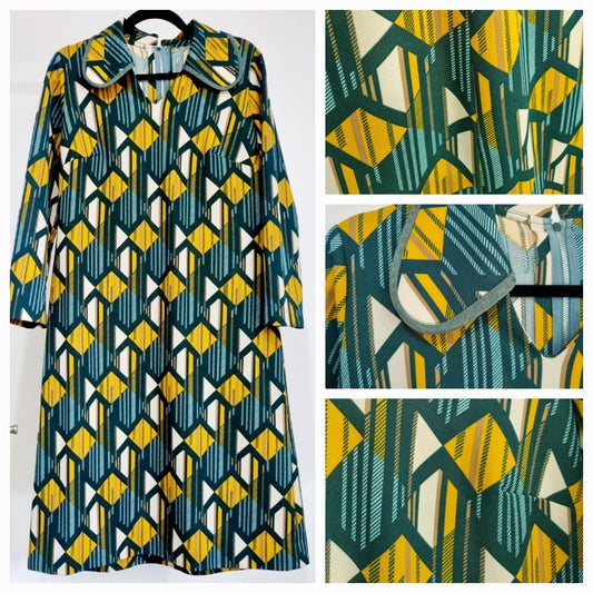 Handmade Vintage Green, Yellow and White Diamond Shift Mid-size Dress (UK14-16)