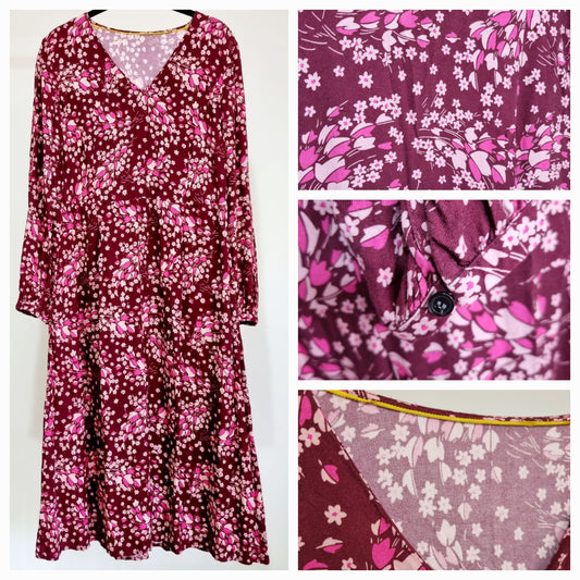 Preloved Floral Pink and Aubergine Midi Day Dress (UK10-12)