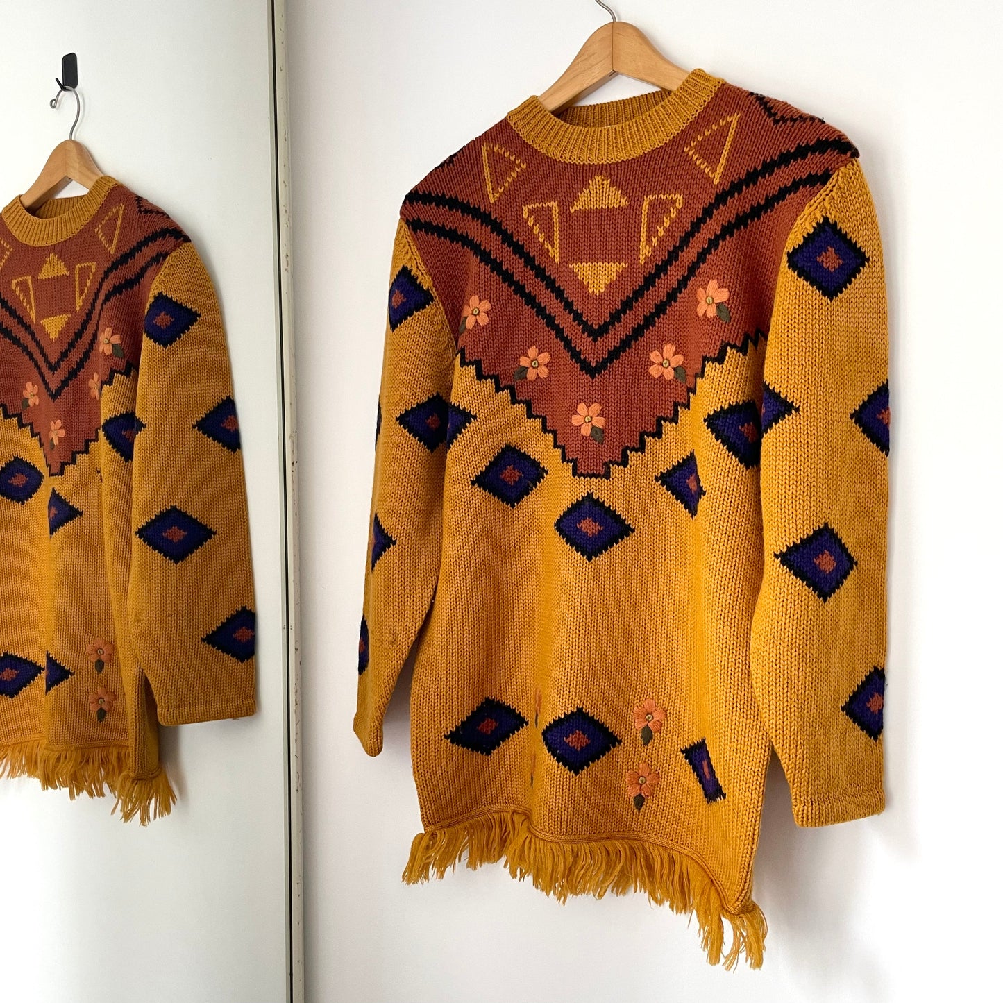 Vintage Yellow, Blue and Brown D'Imalia Collezione Fringed Embroidered Jumper