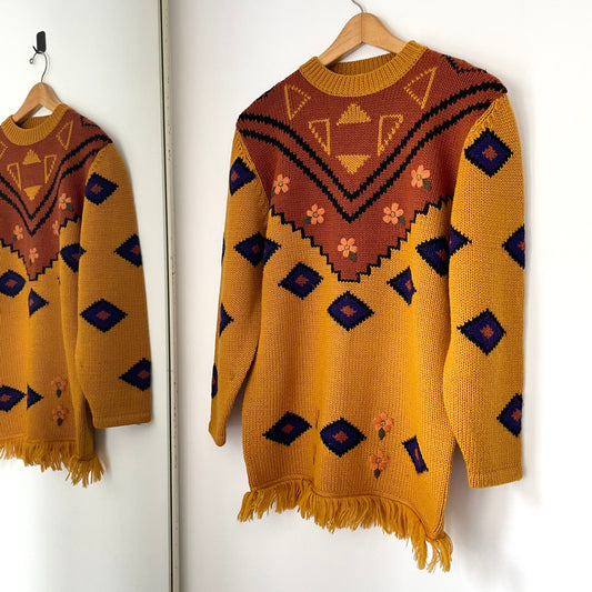 Vintage Yellow Blue and Brown D'Imalia Fringed Embroidered Jumper