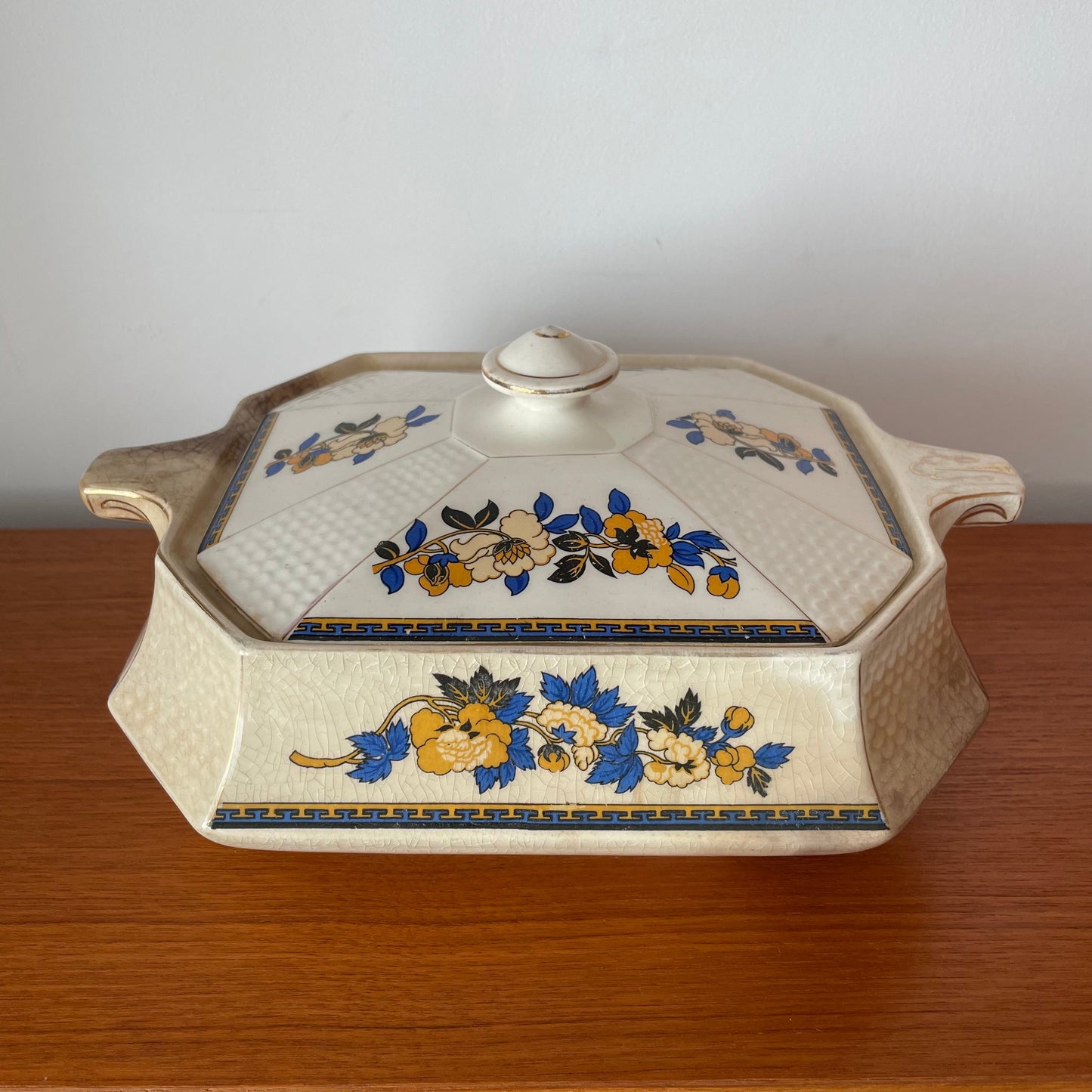 Vintage Royal Venton Ware John Steventon & Sons Serving Dish with Lid. Yellow, Blue and White Floral Pattern.