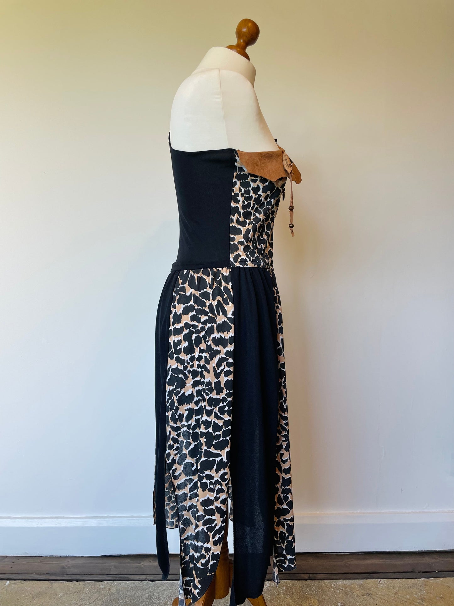 Vintage Ibiza London New York Leopard Print Leather One Shoulder Tribal Sleeveless Dress